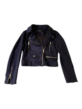 Bikercore Moto Jacket Cropped Faux Suede Navy Blue Silver Zip XS Zara biker